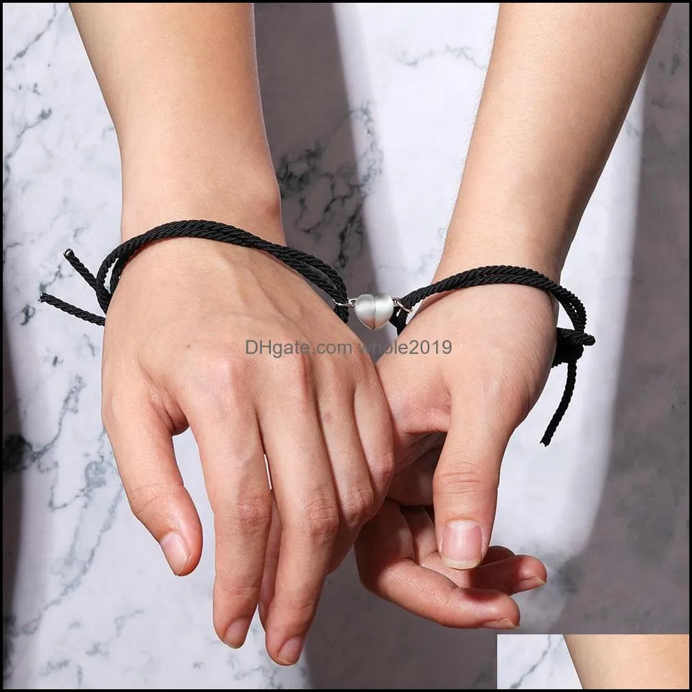 couple magnetic distance link bracelet adjustable lucky rope elastic rubber band braided heart charms bracelets lovers jewelry gifts