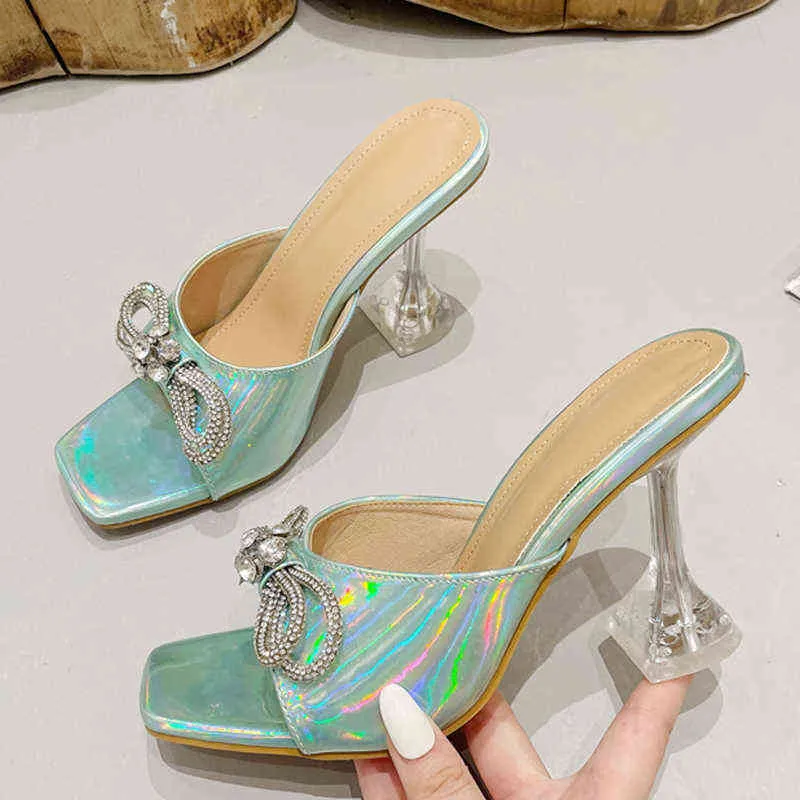 Liyke New Fashion Stransparent Heels Slippers女性Crystal Bowknot Sssides Summer Sandals Ladies Square Toe Wedding Shoes 220530