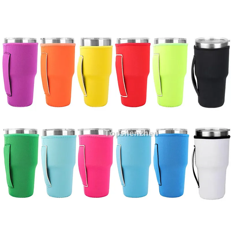 Återanvändbara handtag is kaffekopp ärm neoprenisolerade ärmar koppar hållare med handtag för 30oz -32oz tumbler vattenflaska rånar täcke fodral påse stora dunkin munkar