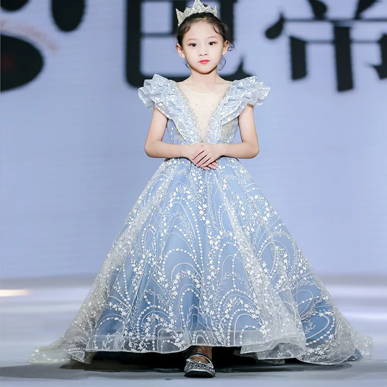 Lüks Payetli El Yapımı Çiçek Kız Elbiseler Yay Kemer Boncuk Prenses Çocuk Kat Uzunluk Gelinlik Elbise Kız Pageant Balo