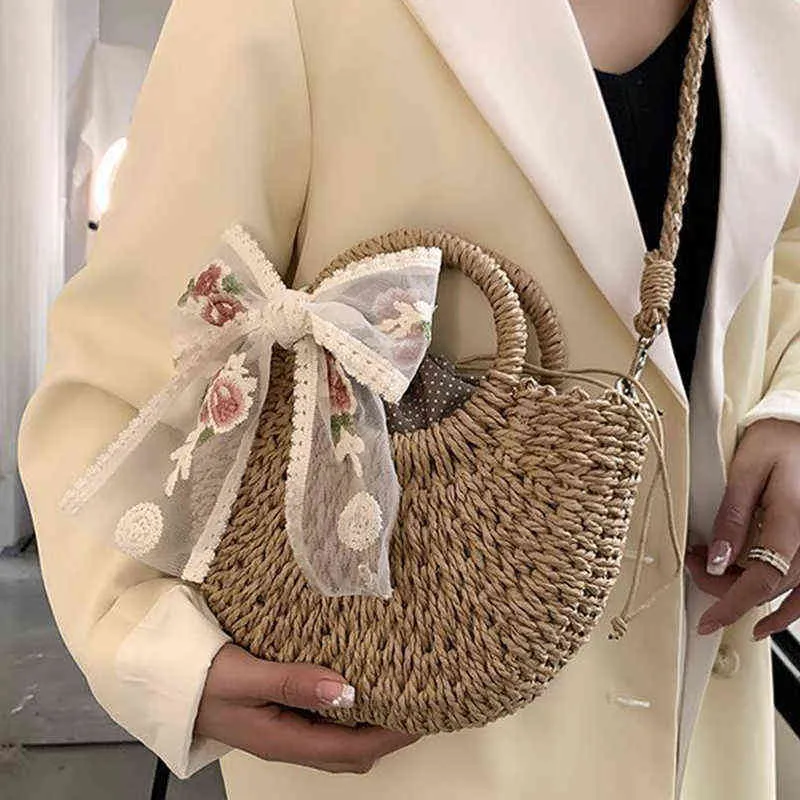 Bolsas de compras Cinta de verano Paja tejida Hecha a mano Bolsos de mujer Viajes Vacaciones Playa Casual Shopper Basket Rattan Hombro Bolsa 220318