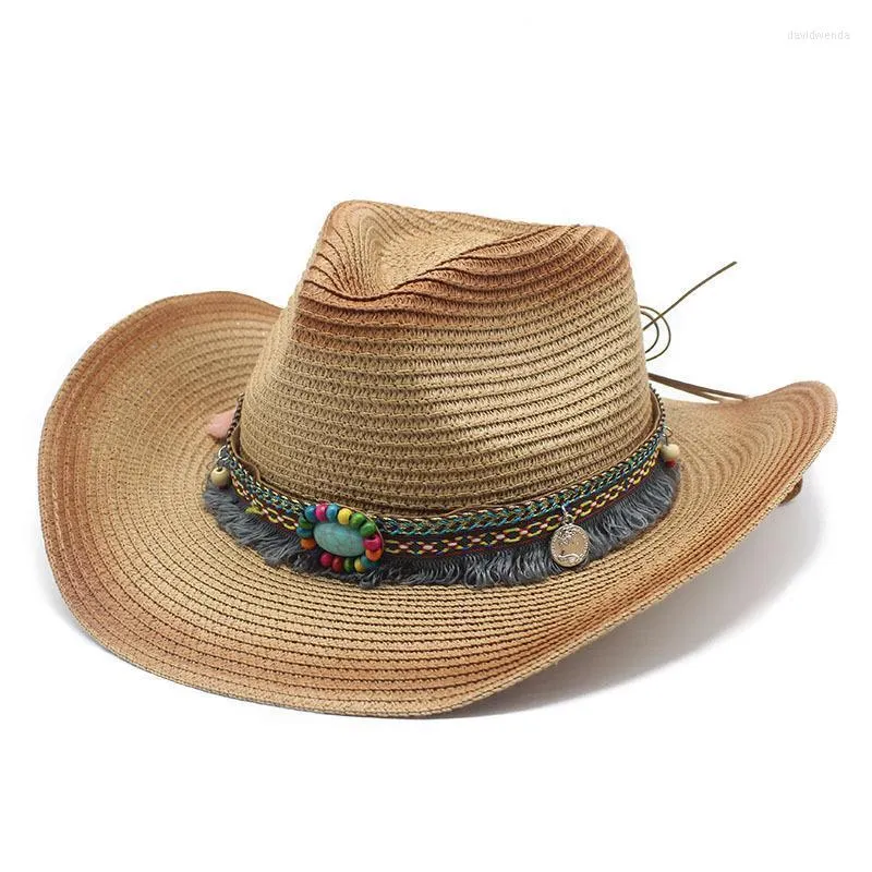 Berets Summer Straw cowboy hoed met kinriem en turquoise hatband unisex jazz fedoras koeling sunhats elegante cowgirl party capberets dav