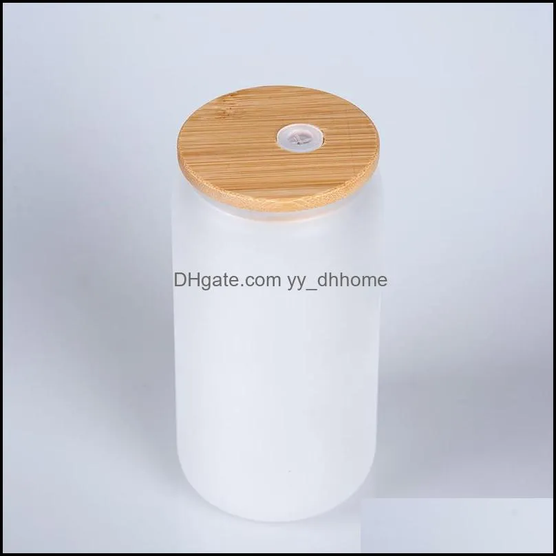 sublimation 12oz glass can tumbler with bamboo lid mason bottle reusable straw beer soda can transparent frosted cup yfab3232