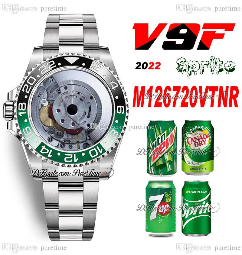 V9F V4 GMT II A3285 Automatisk Herrklocka Sprite Svart Grön Keramisk Bezel 904L OysterSteel Armband Vänster Krona Samma seriekort Super Edition Klockor Puretime A1