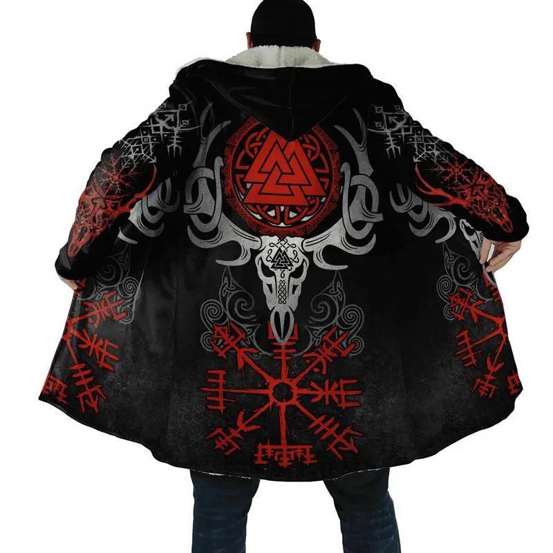 Men s 3D Printed Fleece Hooded Trench Coat Viking Odin Tattoo Design Warm Winter Jacket with Pockets Casual Stylish Polyester