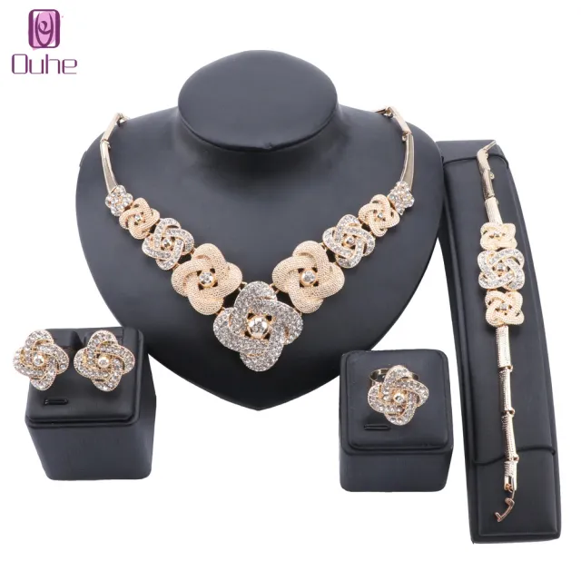 African Dubai Gold Color Crystal Bridal Jewelry Set For Women Bracelet Earrings Ring Wedding Party Jewelry Sets