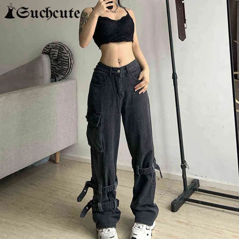 Kvinnors jeans Suchcute Gothic Bandage Women Jeans Harajuku Streetwear Casual Denim Trousers Low Rise Korean Fashion Patchwork Baggy Pants 2022 T220825