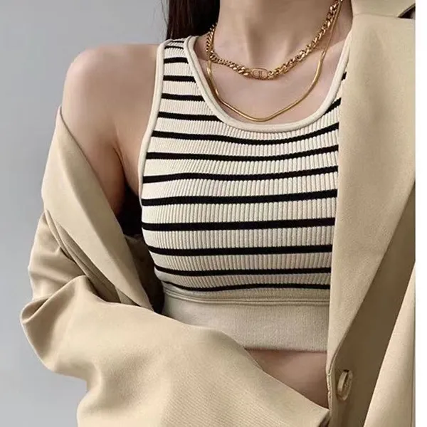 Womens Knits Sleeveless Vest Celine Letter T Shirts Woman Stripe