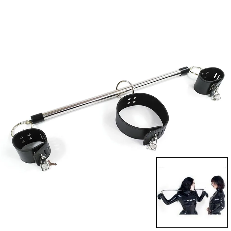 camaTech Collo Collare Polso Spreader Bar Bondage Restrizioni BDSM Metallo con polsini in pelle PU per coppie