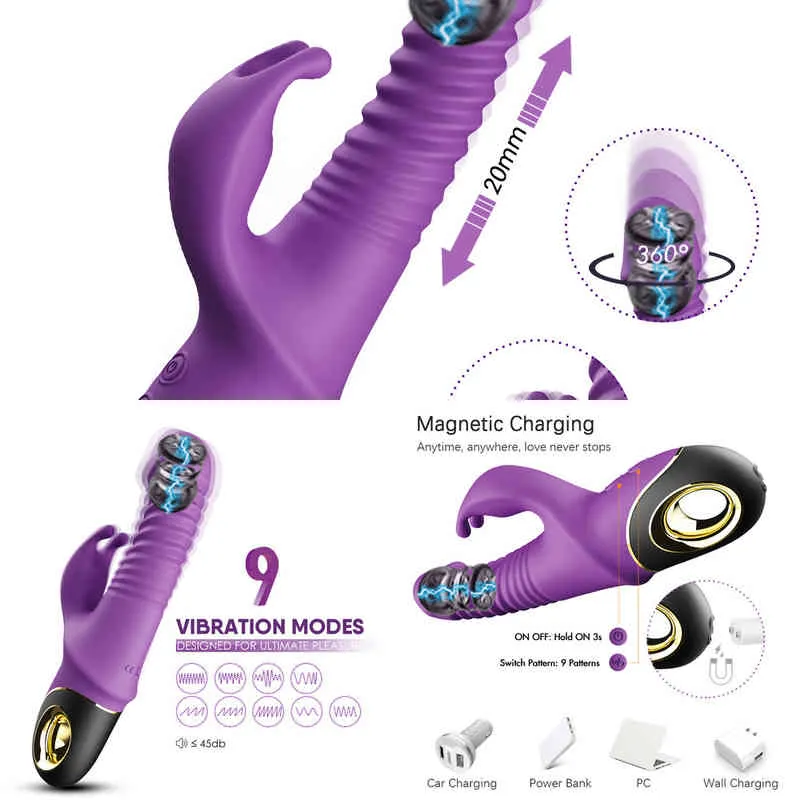 Vibradores NXY 2022 Vibrador de conejo Rotación telescópica automática Punto G Estimulador de clítoris Masturbación femenina Juguetes sexuales para mujeres Adultos 18 220427