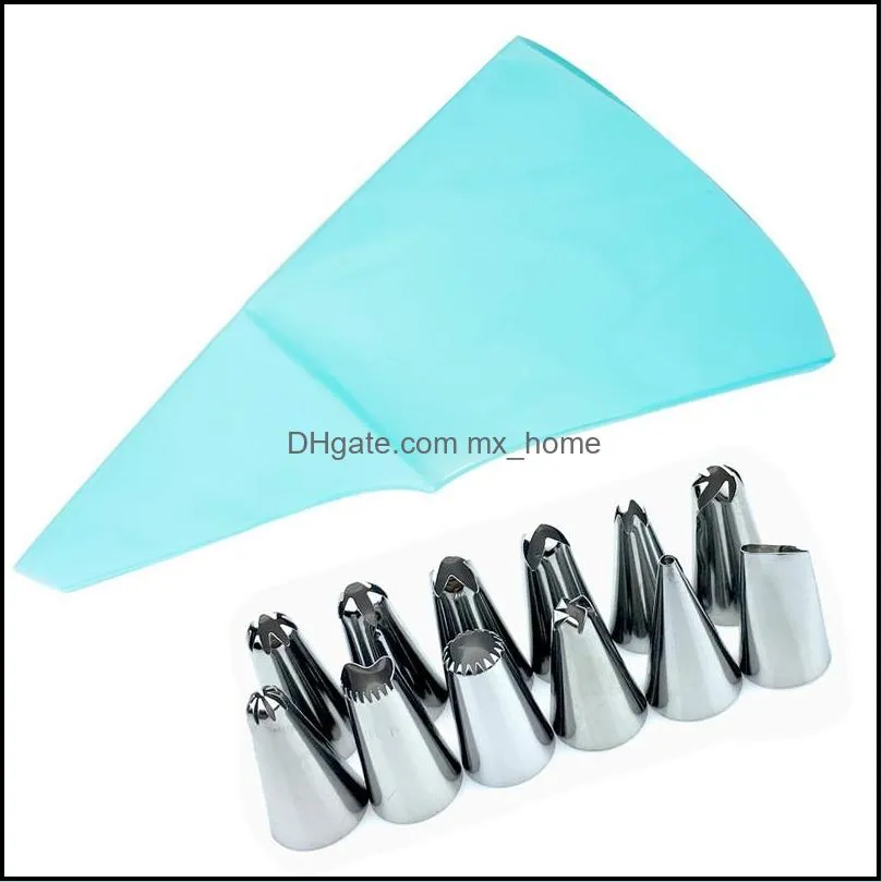 1Pc Silicone Icing Piping Cream Pastry Bag+12 Nozzles Set Cake Decorating Baking Tool with 1 Converter