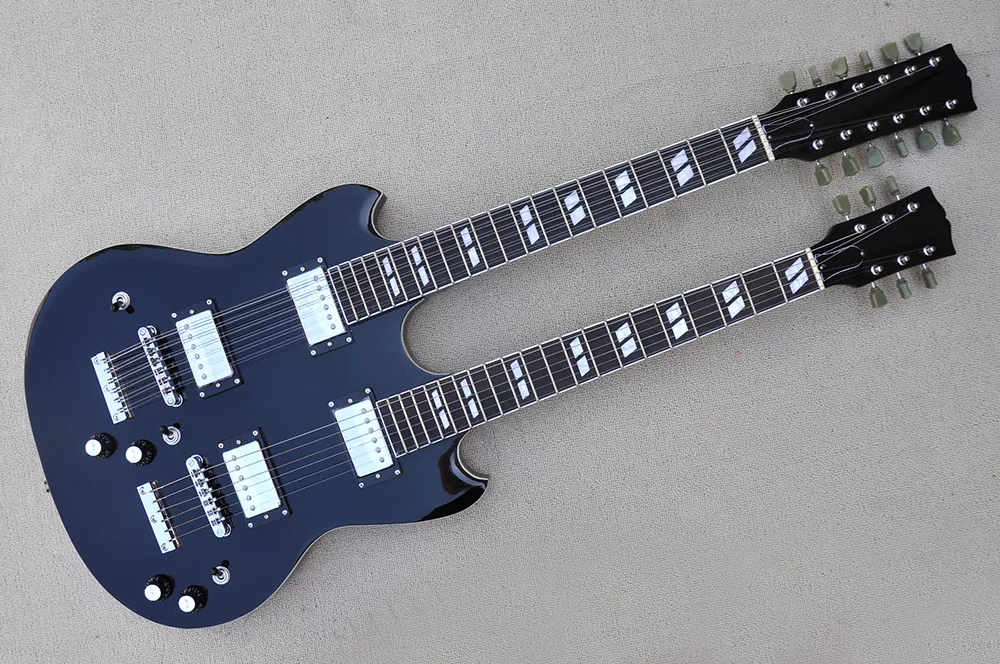 Guitarra eléctrica negra de doble cuello personalizada de fábrica con 6 y 12 cuerdas Juego de herrajes cromados en el cuerpo Diapasón de palisandro Oferta personalizada