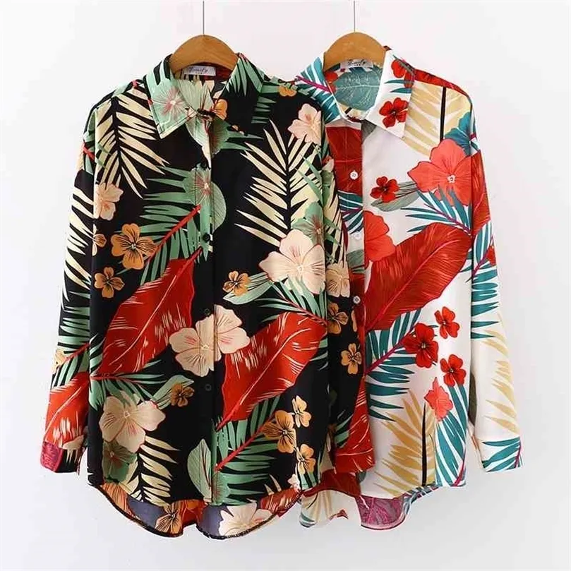 Vrouwen blouses Flower Printing Hawaii Shirts Summer Beach Casual losse Loose Shirt Blusas Mujer 210702 met lange mouwen