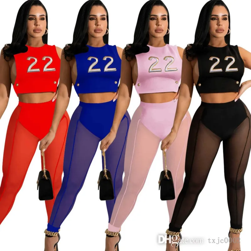 Estate Donne 2 Pantaloni Pantaloni Set 2022 Abbigliamento Designer Sexy Serbatoi stampati Stampati Sheer Mesh Leggings Autpiri Sweatsuits da donna