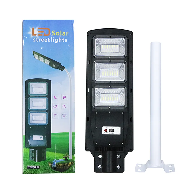 Led Solar Street Light 30W 60W 90W IP65 Radar Sensor de movimiento Lámpara solar con control remoto de poste para jardín