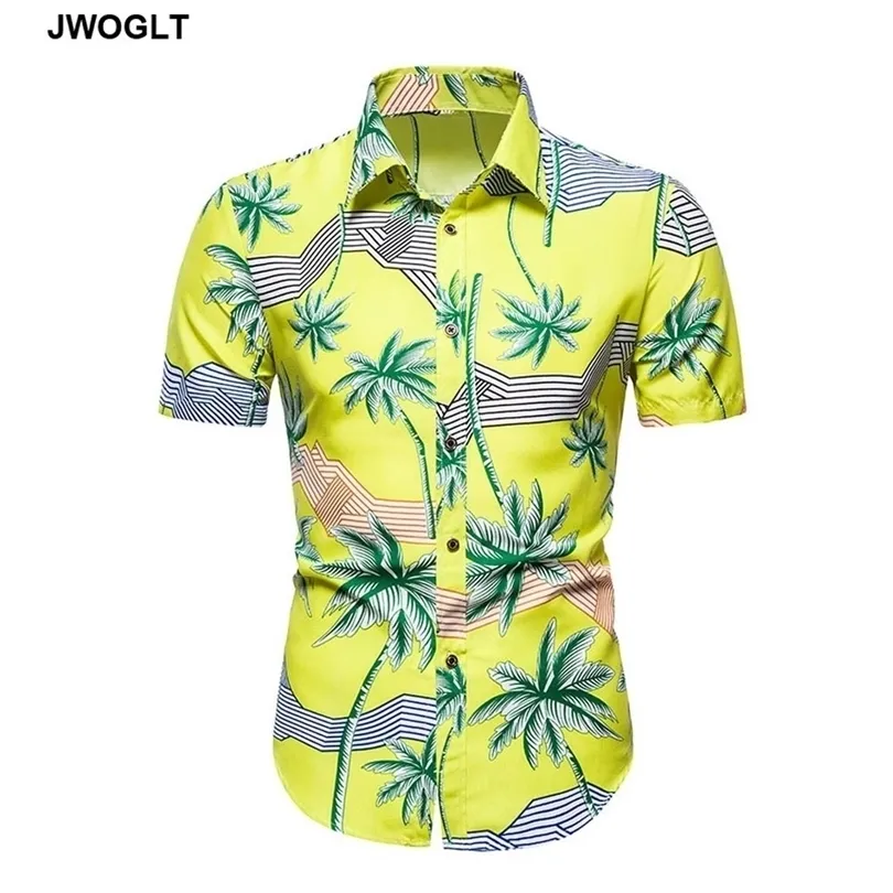 Sommar ny mode regelbunden fit casual skjortor kort ärmknapp ner svart vit hawaiian ptropisk palmträd skjorta 210412