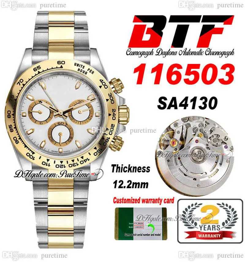 BTF Better Factory SA4130 Montre Homme Chronographe Automatique Deux Tons Or Jaune Blanc Cadran Bâton 904L Bracelet Oystersteel Super Edition TH 12.2mm Puretime D4