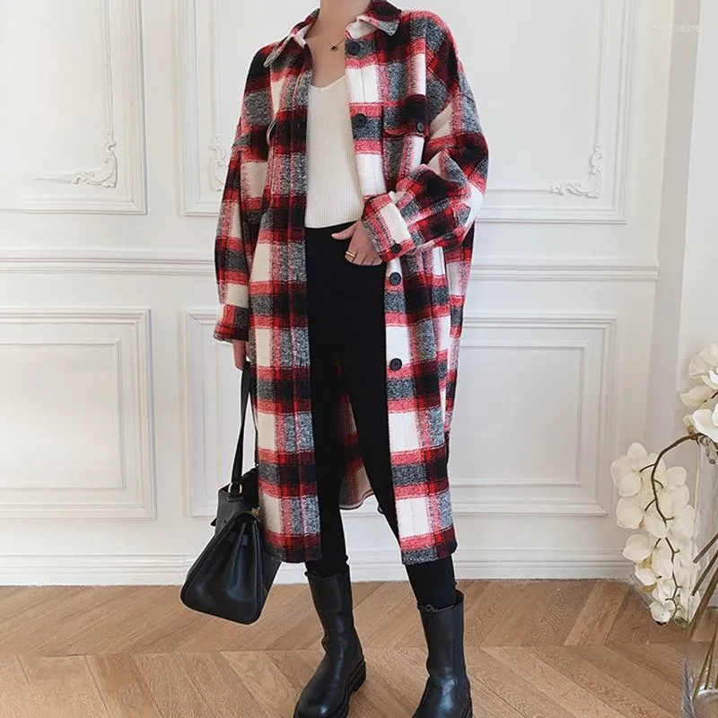 Frauen Wolle Mischungen Mantel Weibliche 2022Winter Rot Große Plaid Lange Lose Einreiher Profil Gebürstet Tasche Filz Jacke Y88 Phyl22