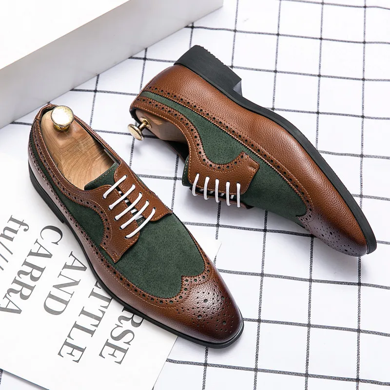 Brogue Shoes Men PU Round Toe Flat Casual Fashion Hollow Carved Stitching Faux Suede Lace-up Business Formal Shoes DP280