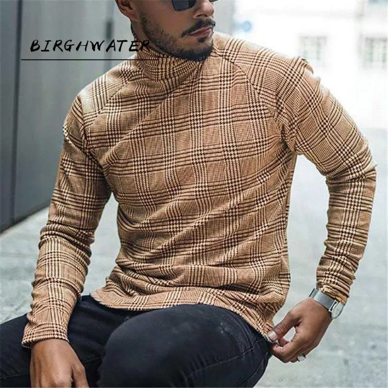 Men's T-Shirts Autumn Casual Plaid Print Shirt Mens 2022 Spring Fashion Turtleneck Pullover Tops Male Long Sleeve Slim Tee Streetwear 4XL