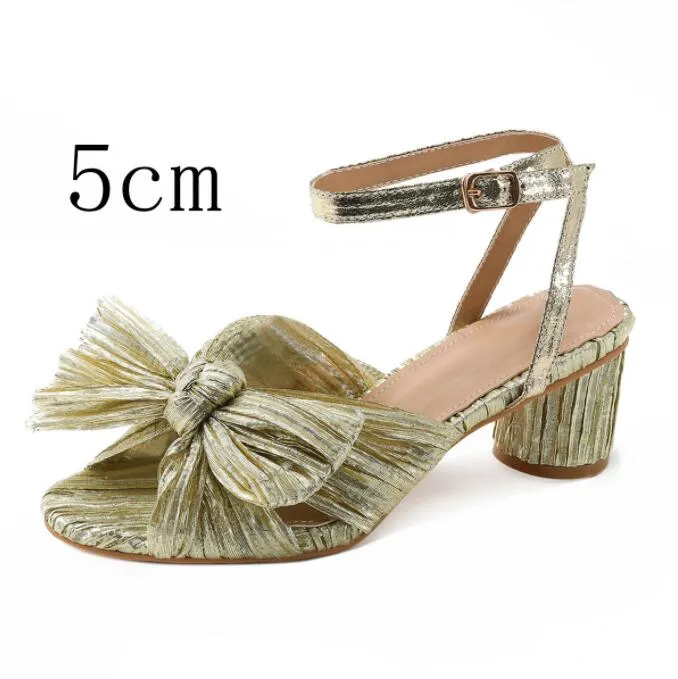 Women Sandals Summer Shoes Pleated Bow-knot Round Heels Open Toe Dress Shoes Big Size Party Wedding Shoes