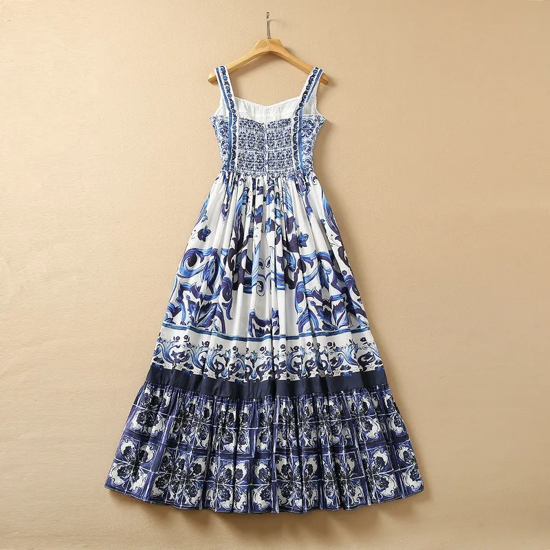 Blue Paisley Print Panelled Blue vanilla maxi dress - Elegant Summer Spaghetti Strap, Square Neck, Blue and Porcelain - 22Q151631