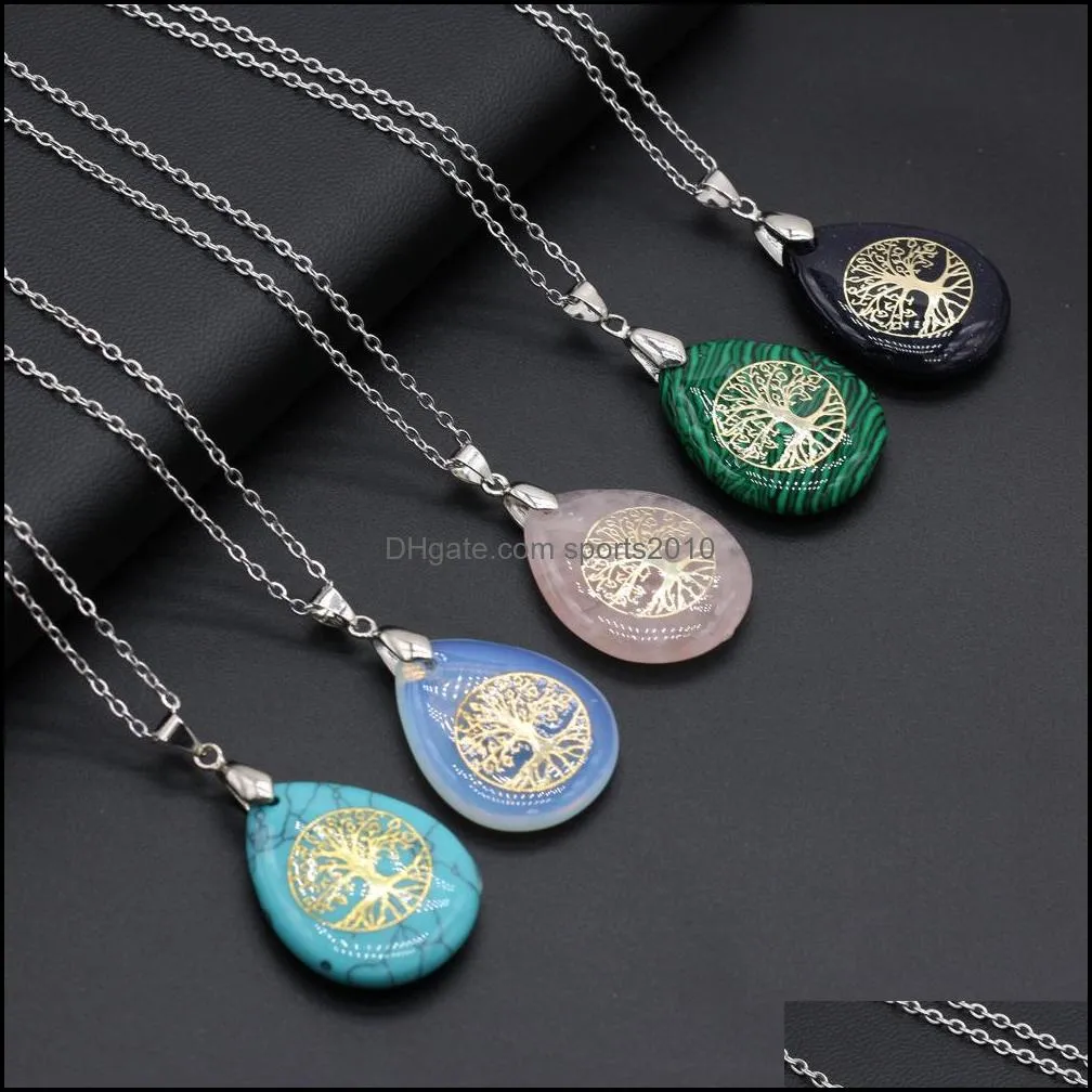 waterdrop tree of life symbol reiki healing natural stone pendant necklace chakra amethyst pink rose crystal link chain necklaces women