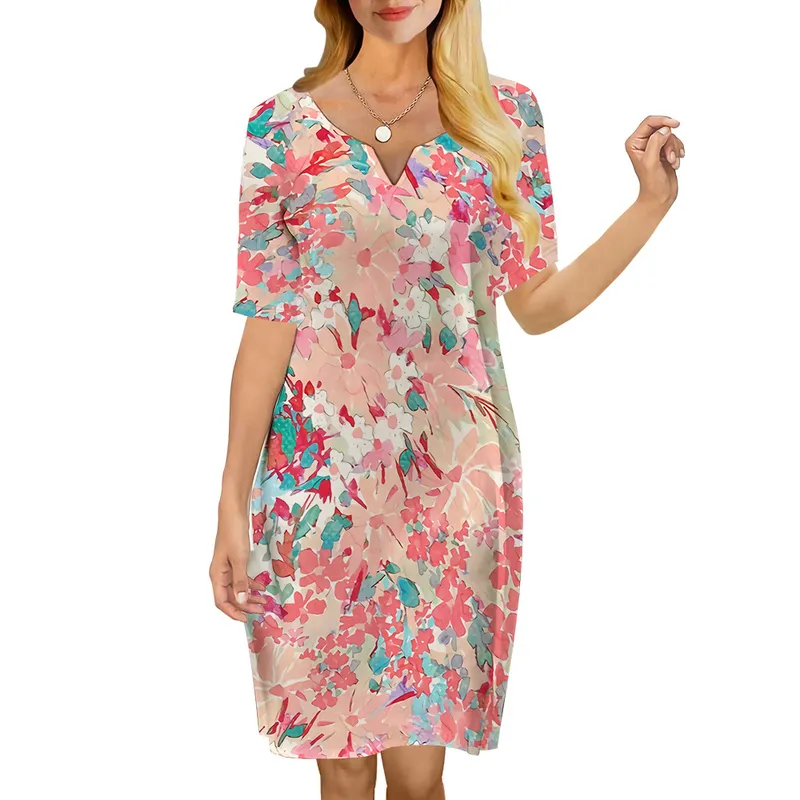 女性のドレスピンクの花3DプリントVneck女性ドレスのためのゆるいカジュアル半袖シフトドレス自然要因220616