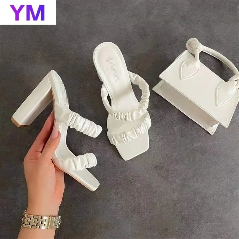 Sexy Designer Fashion Pleated Female Sandals Open Toe High Square Heels Lady Pumps Dress Party Shoe Summer Slides 43 220409