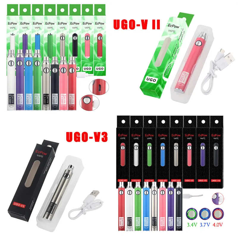 Ecpow UGO V3 V II 510 tråd Batteri Variabel spänning Micro USB Uppladdningsbar EGO Vape Pen 650 900 mAh Evod VV Preheat Passthrough Charger