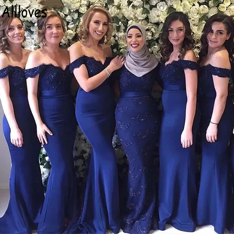 Dark Navy Elegant Satin Mermaid Bridesmaid Dresses For Girls Wedding Guest Dress Sexy Off Shoulder Sweep Train Long Maid Of Honor Gowns Plus Size CL0886