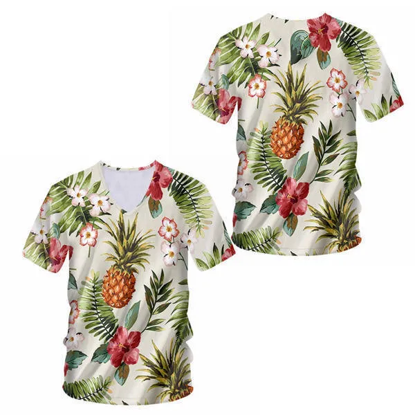 Custom Tshirt Men Hipster Short Sleeve V neck T shirts Unisex 3D Pineapple Full Print Aloha Hawaiian Summer Hip Hop Tees S-7XL (34)