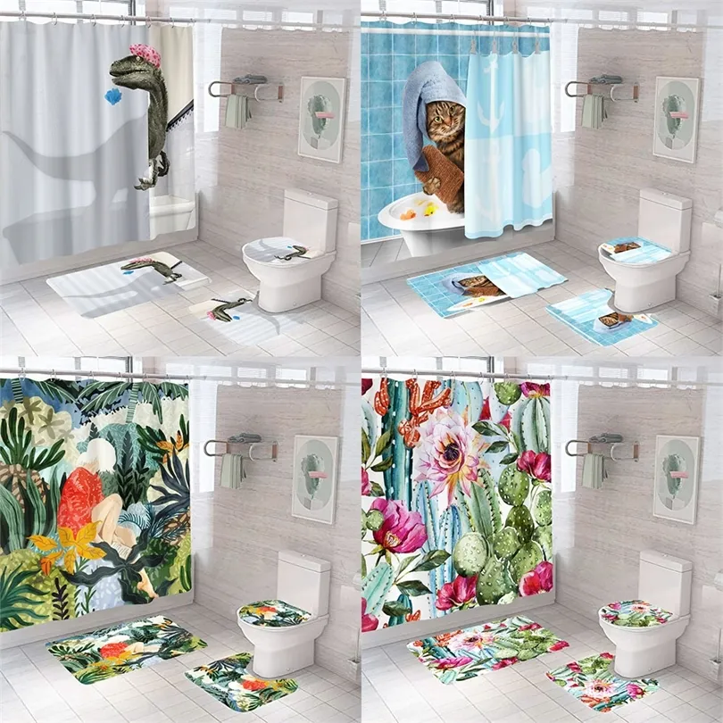 Cute Dinosaur Funny Shower Bathroom Curtain Set Waterproof Cat Nordic Style Fabric Pastel Toilet Lid Cover Carpet Non-Slip Mat 220429