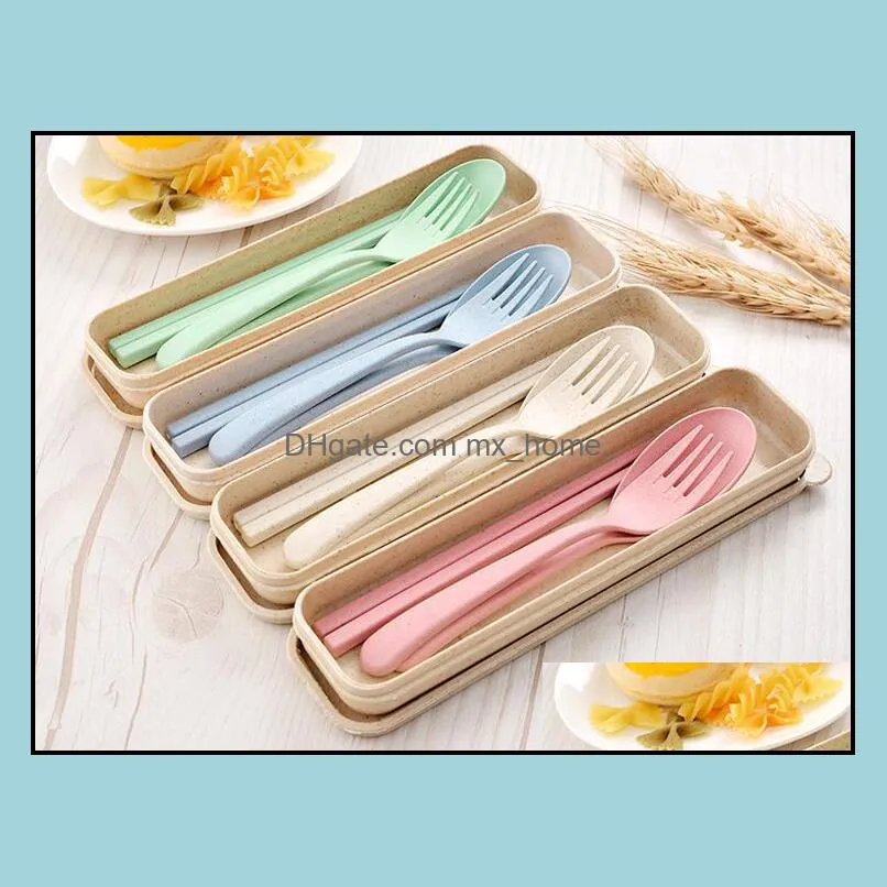 Portable Wheat Straw Tableware Eco-friendly Spoon Fork Chopsticks Sets Tablewares 4 Colors Reusable Travel Camping Cutlery Set LXL724Q