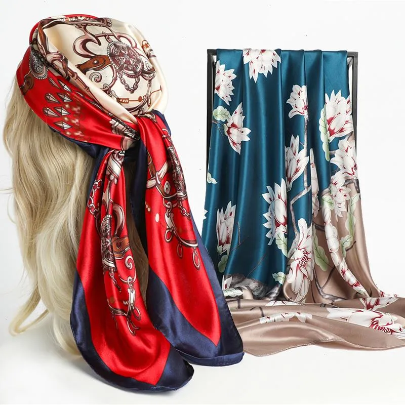 Silk Square Scarf Lady Hair Band Fashion Femme Hijab Foulard Headkerchief Women Bandana Print Châou et Wraps