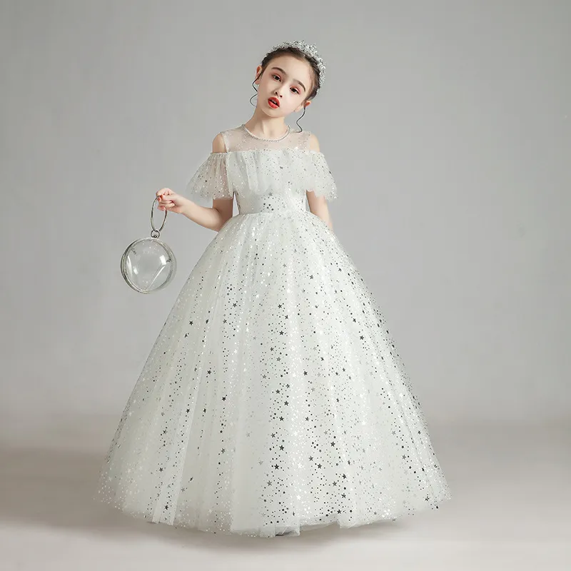 Vintage Princess Flower Girls koronkowe białe specjalne OCN na wesele suknie kulowe dla dzieci suknie Komunowe sukienki 403