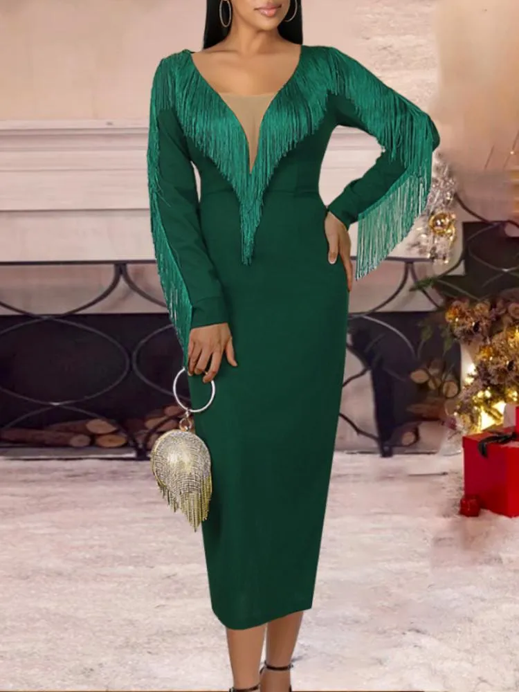 Casual Dresses Party Green Tassel Dress Sexy See Through V Neck Long Sleeve Women Celebrity Fringe Large Size Curve Ladies Club Evening Outf