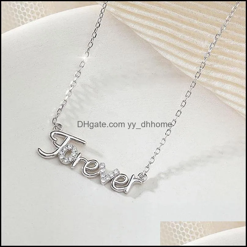 100% Genuine 925 Sterling Silver Link Chain Necklaces for Women Ladies INS Zircon Forever Letters Pendant Necklace YMN213