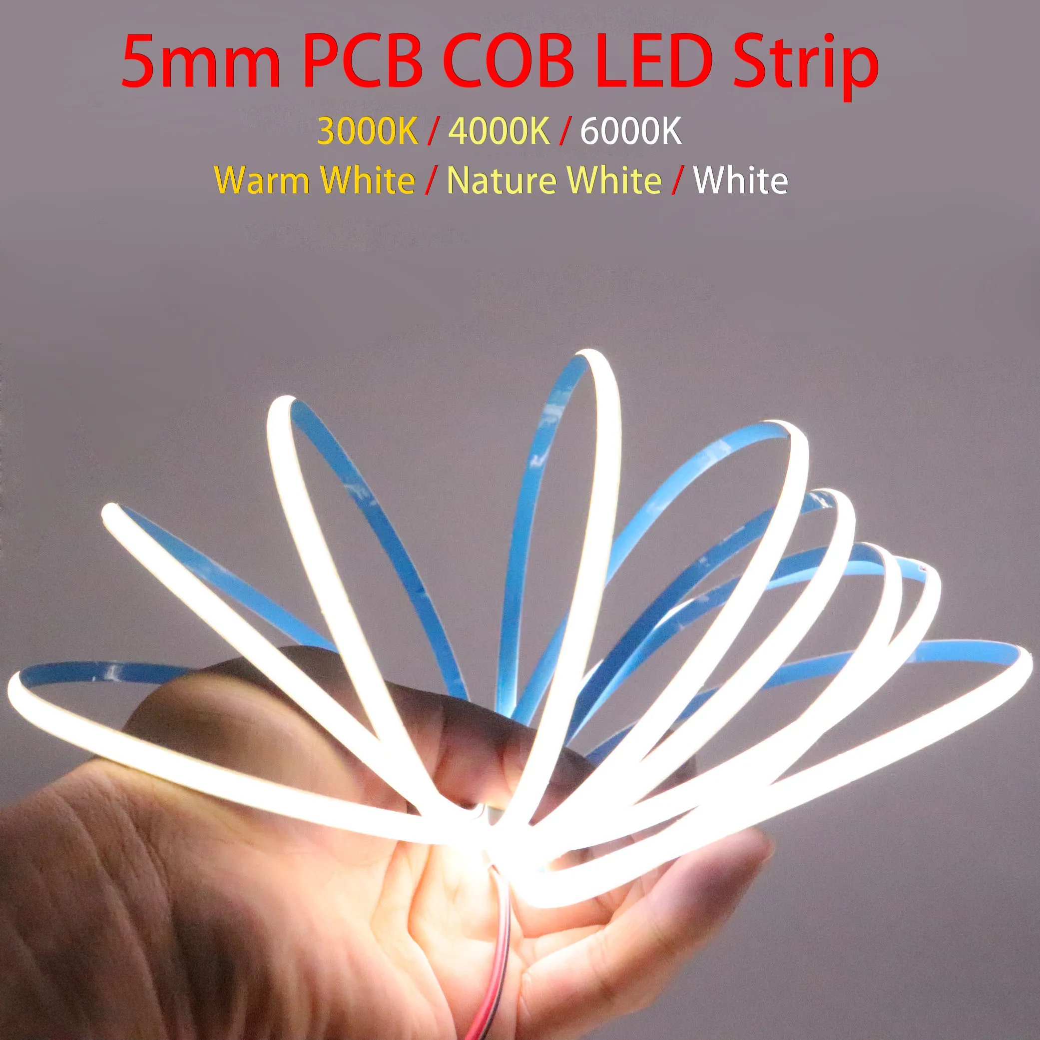 Superdünner 5 mm COB-LED-Streifen, 384 LEDs/m, weich, flexibel, DC12 V/24 V, Lichtleiste, warm-kaltweiß, für Dekorbeleuchtung, 3000 K, 4000 K, 6000 K