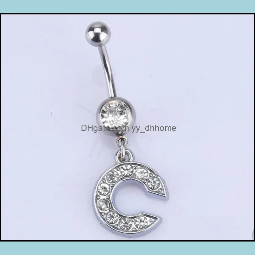 26 Inital letters Charming Body Piercing Crystal Rhinestone Inlaid Navel Belly Button Ring stainless steel Jewelry