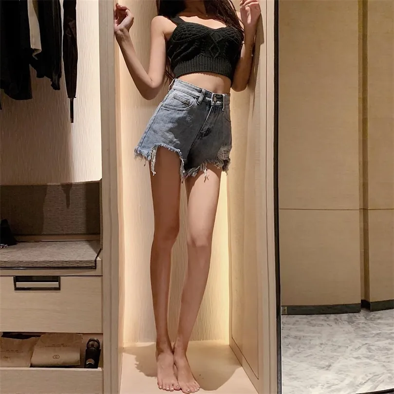 Retro high-waist denim shorts loose and thin ripped wide-leg pants pants women's trendy JXMYY 210412