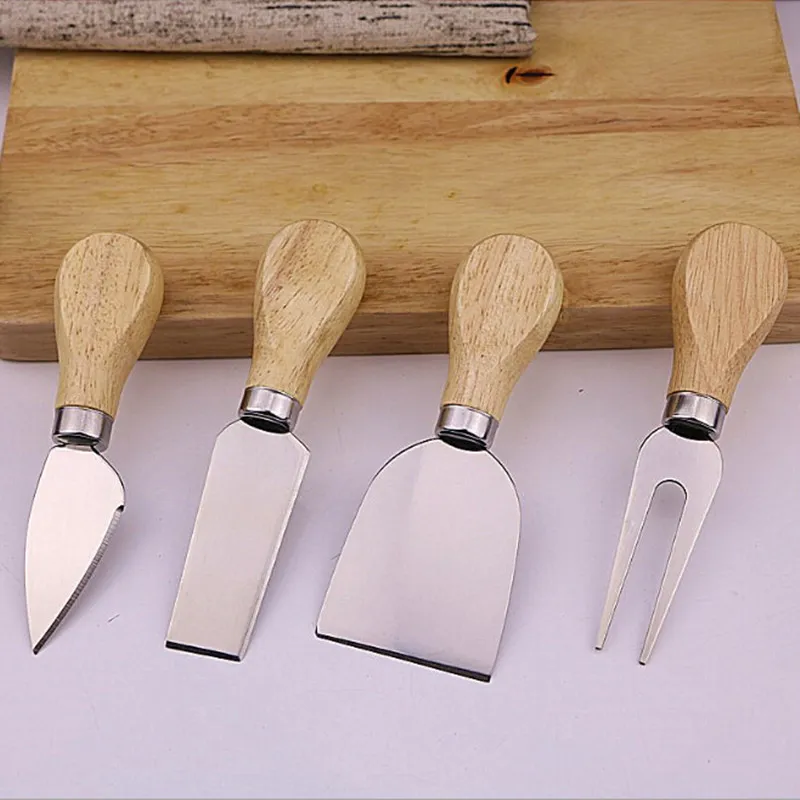 Ensemble d'outils à fromage manche en bois de chêne couteau fourchette pelle Kit râpes pour couper la cuisson ensembles de planches à fromage en acier inoxydable 4 pièces/ensemble