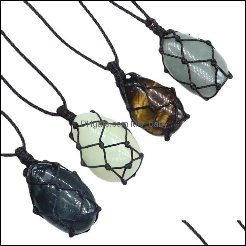 healing crystal oval natural stone pendant weave net bag charms green pink crystal opal rope chain necklaces christ lulubaby