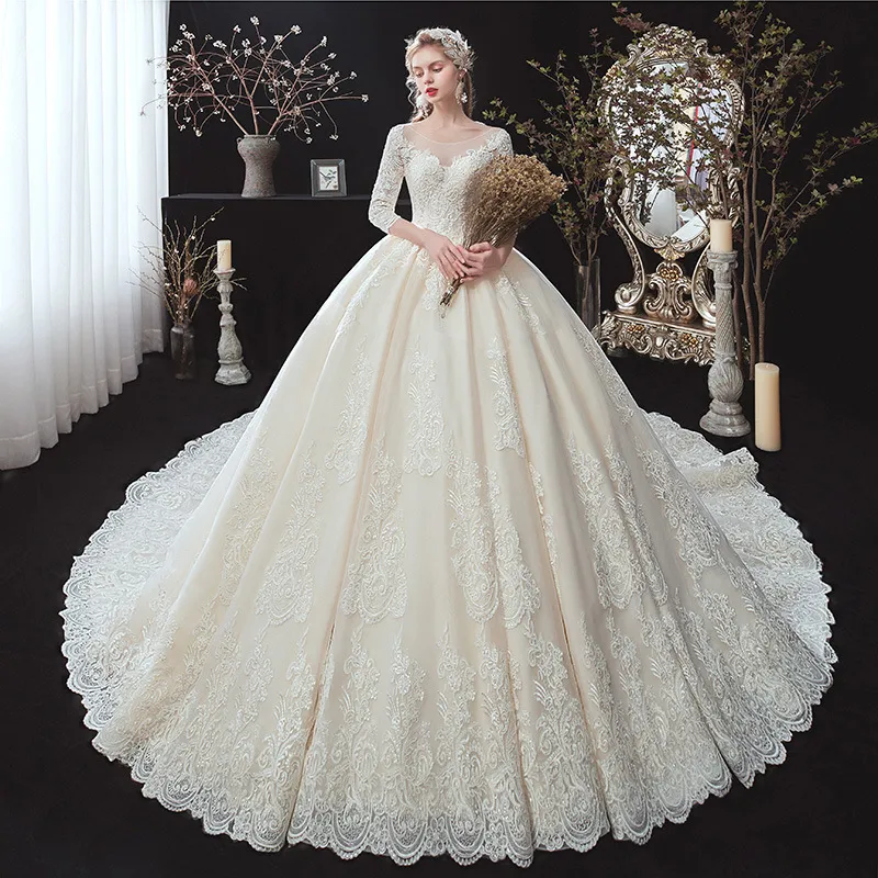 2022 New Ball Gown Wedding Dress Bride Spring Temperament Long-sleeved Lace Self-cultivation Thin Plus Size Mori Super Fairy Dream Trail Vestido de novia