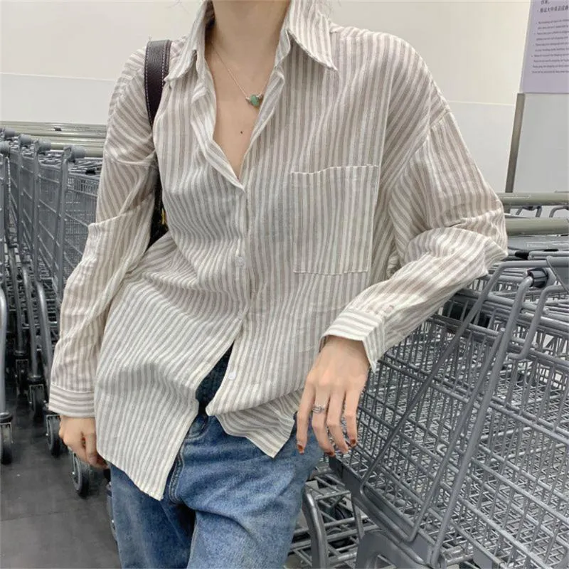 Bluzki damskie koszule kobiety pełne paski krem ​​przeciwsłoneczny vintage 2022 Moda Summer Casual All Match Streetwear Lose Workwomen's