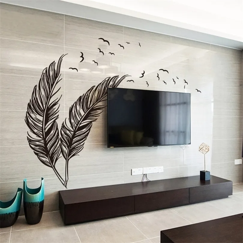 Large Left Right Flying Gold Feather Art Wall Sticker for Home Decor DIY Personality Mural Kid Room Bedroom Decoration T200421