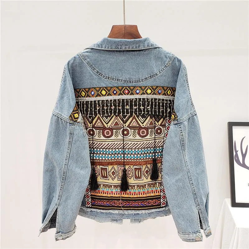 Vestes Femmes Vintage Ethnique Broderie Gland Jeans Veste Printemps Automne Femmes Lâche Effiloché Bleu Denim Manteau À Manches Longues Casual Femme Out