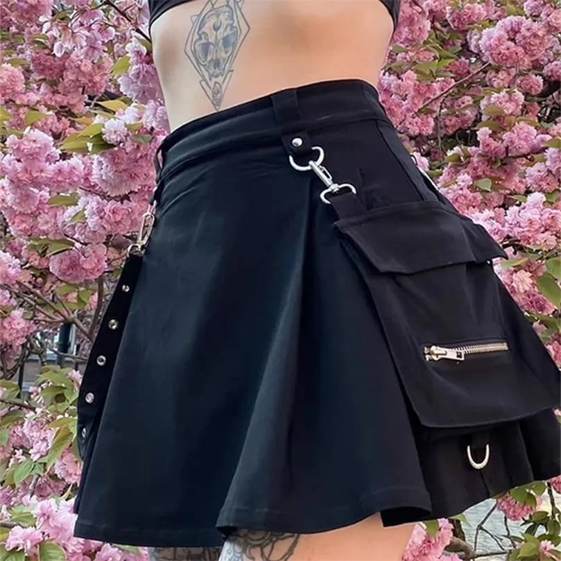 InsGoth Harajuku Punk Gothic Black High Waist Black Skirts Women Sexy Patchwork Bandage Mini Skirt Female Streetwear Summer Chie 220701