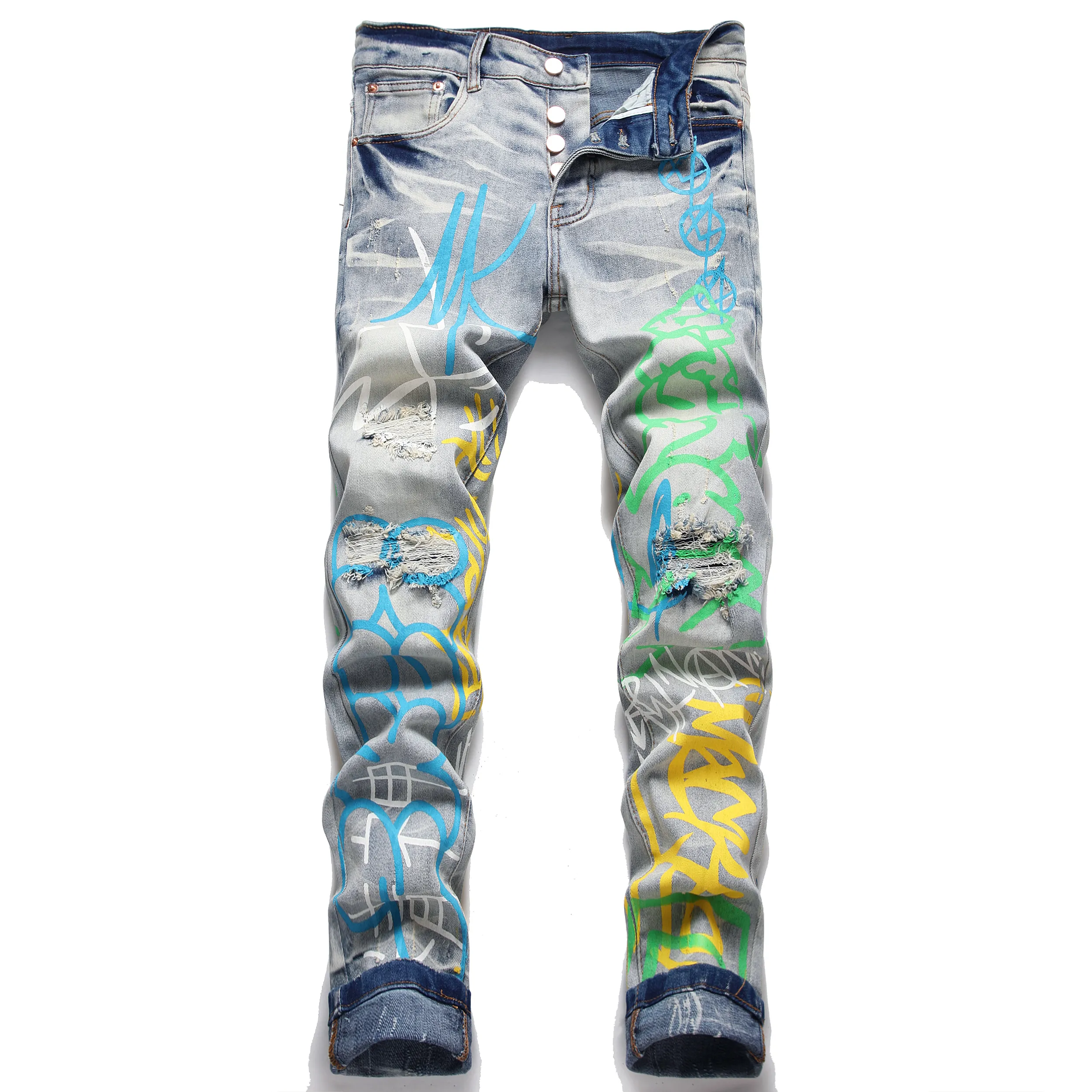 Jean homme coupe cintrée déchiré Graffiti imprimé droit Biker Denim pantalon grande taille bleu clair homme Hip Hop pantalon pour homme