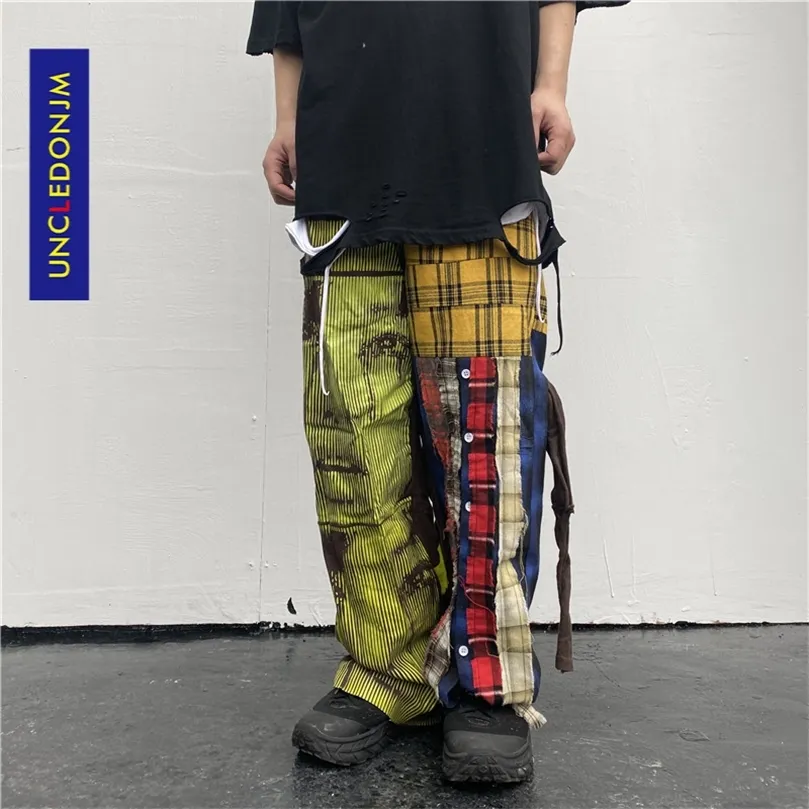 Uncedonjm Lattice Patchwork Hip Hop Harajuku Casual Pants High Street Design Ins Fashion Men byxor T2-A002 201128